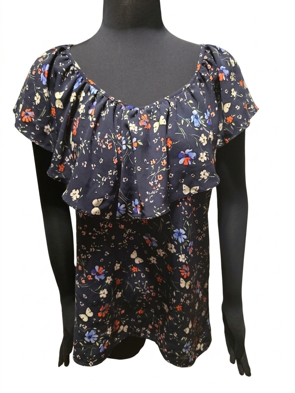 Sanctuary Navy Floral Ruffle Scoop Neck Blouse